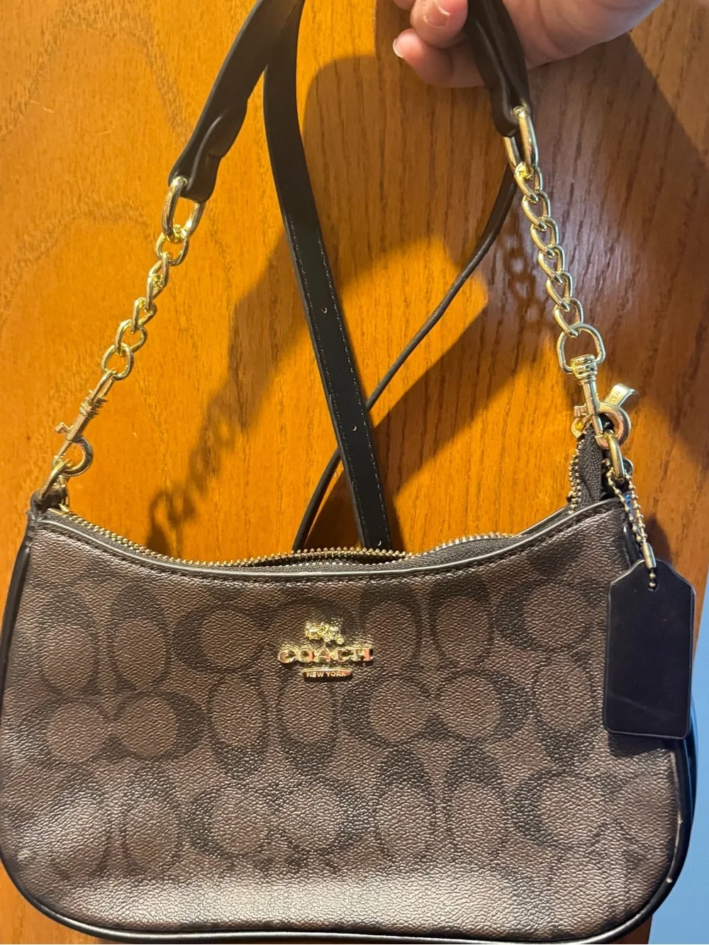 COACH Brown Signature Canvas Shoulder Bag with Gold Hardware